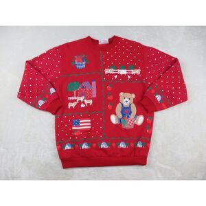 VINTAGE Spumoni Sweater Womens Medium Red Pullover Farm Cow Puff USA Ladies 90s*